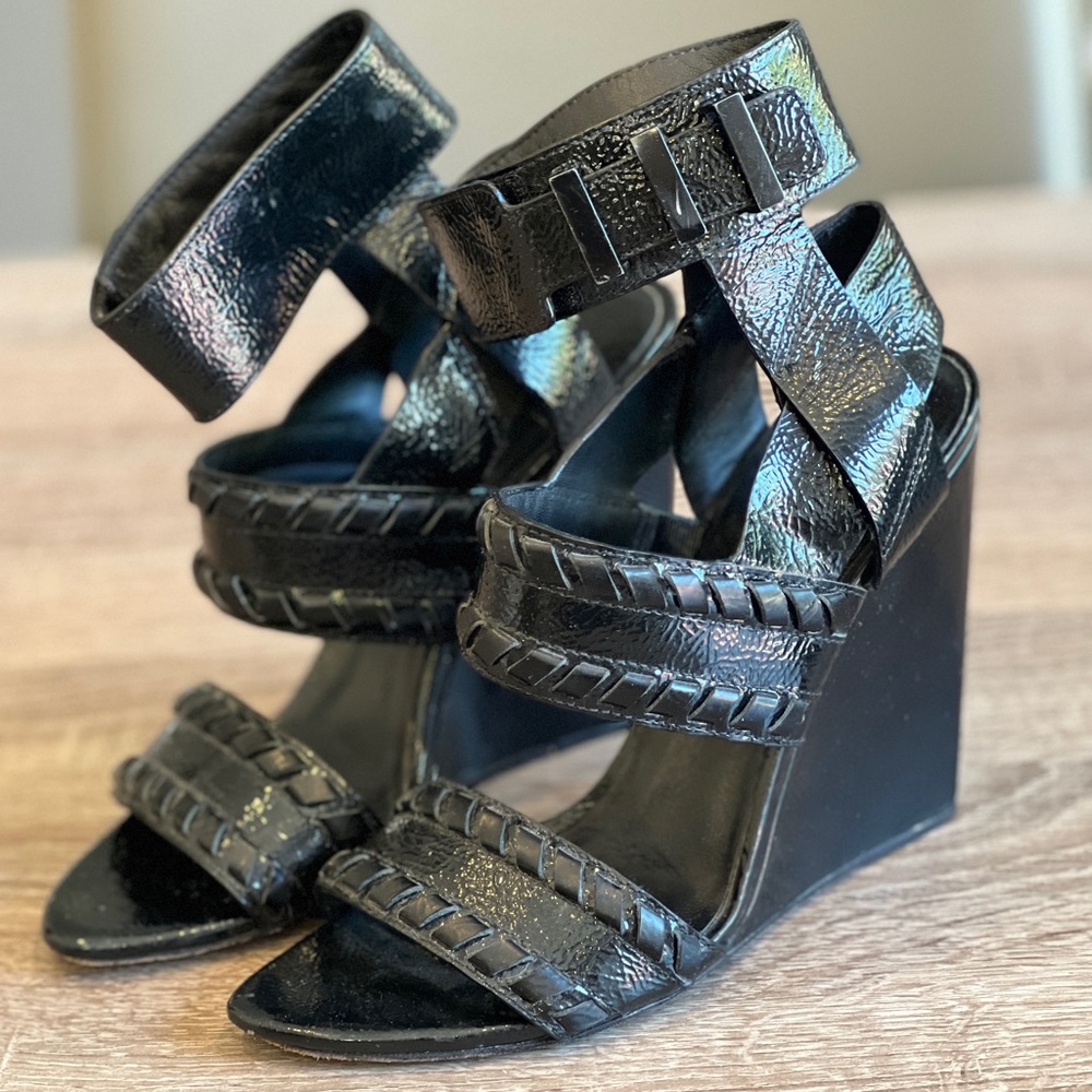 Alexander Wang black patent leather wedge heel with ankle strap, size 37.